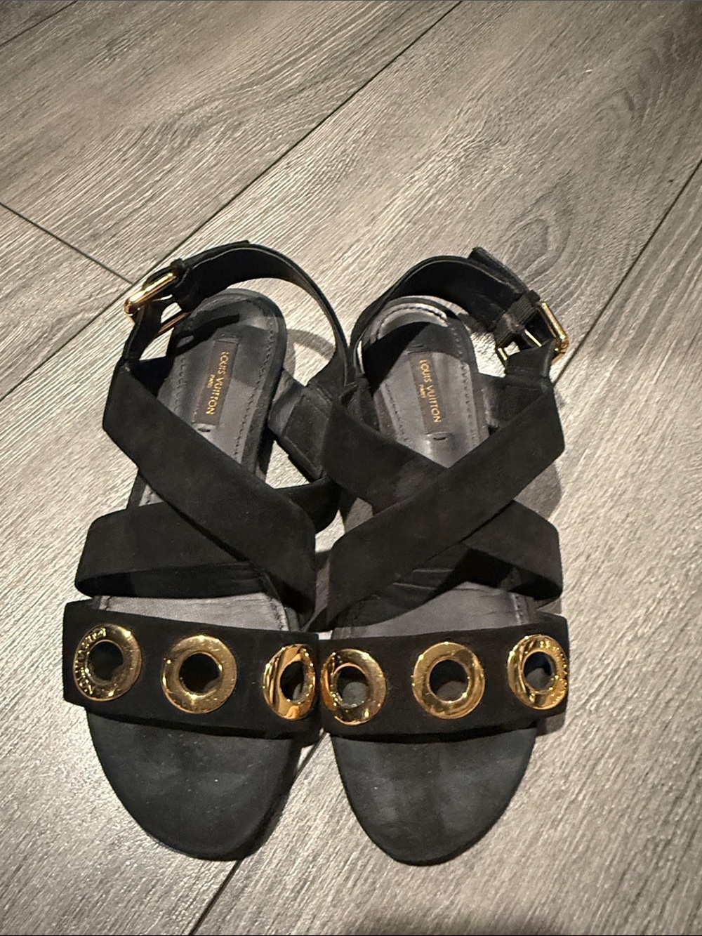 Authentic Louis Vuitton Black Suede Crisscross Sandals with Gold Eyelet Detail